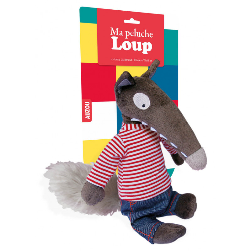 Peluche - Loup Auzou pull carreaux multicolores 28 cm - Label Emmaüs
