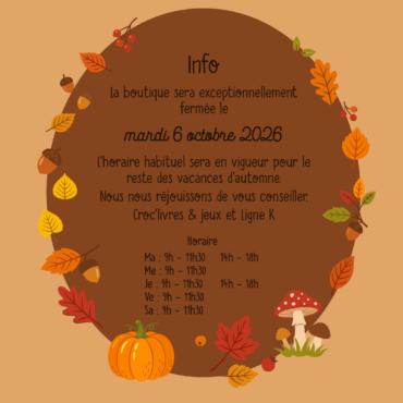 Mardi 6 octobre, la librairie sera fermée !